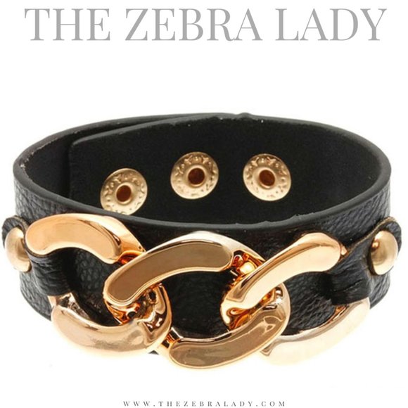 Black Leather Chain Link Snaps Bracelet - Picture 1 of 1